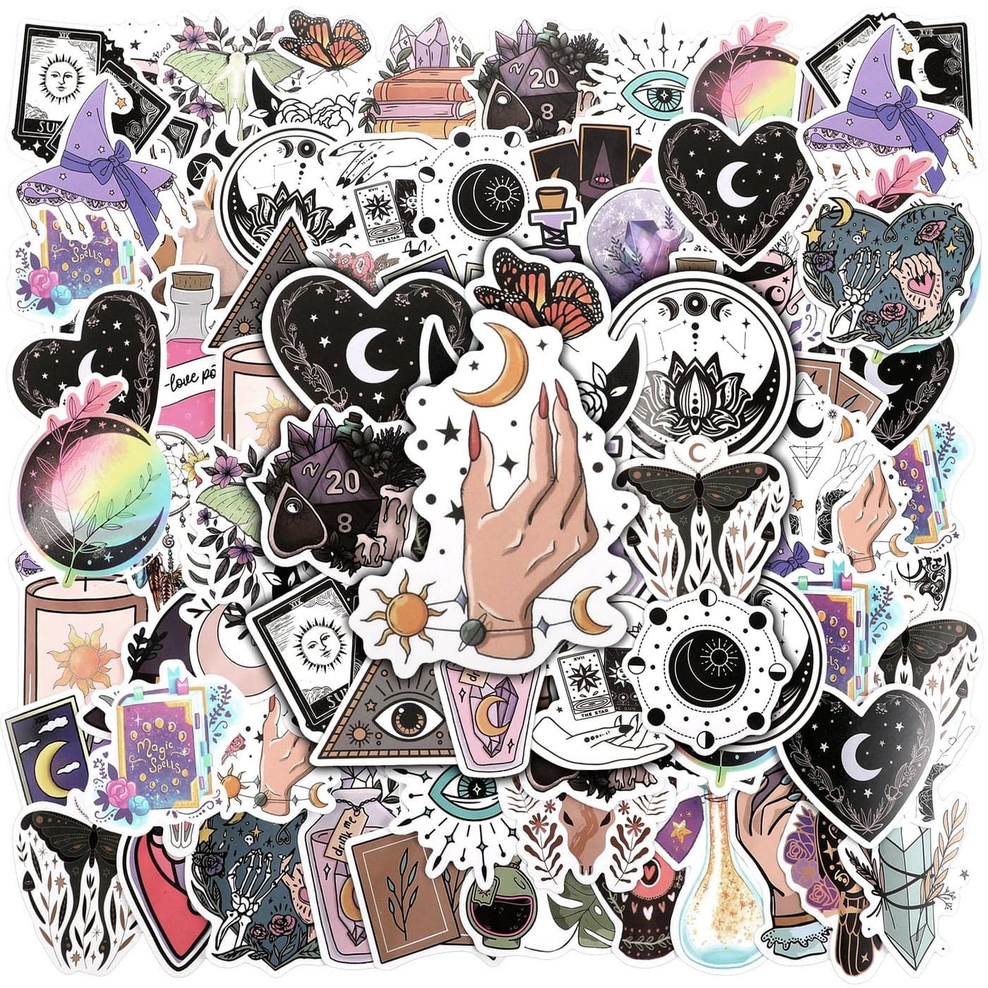 Geyoga 100 Pcs Witchy Stickers Apothecary Decals Celestial Witchy Crystal Aesthetic Vinyl Waterproof Spooky Sign for Water Bottles Gothic Stickers for Laptop Luggage Guitar