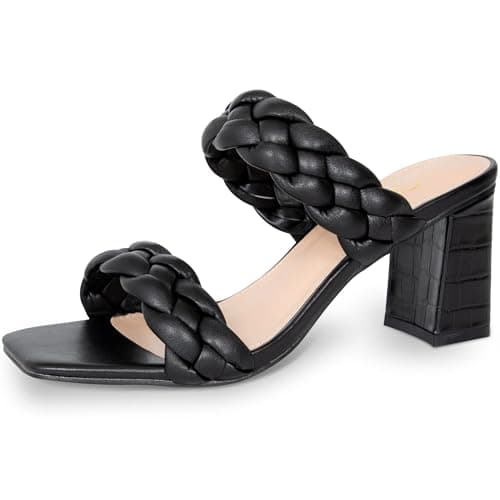 Athlefit Women's Braided Heeled Sandals Summer Square Open Toe Slip on Block Black Heels Size 8