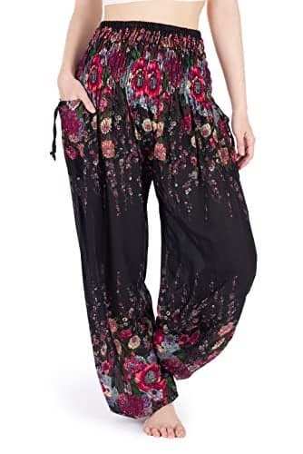 Lannaclothesdesign Harem Pants Women High Waist Bohemian Yoga Pants with Pockets - Boho Hippie Clothes (L, Black)