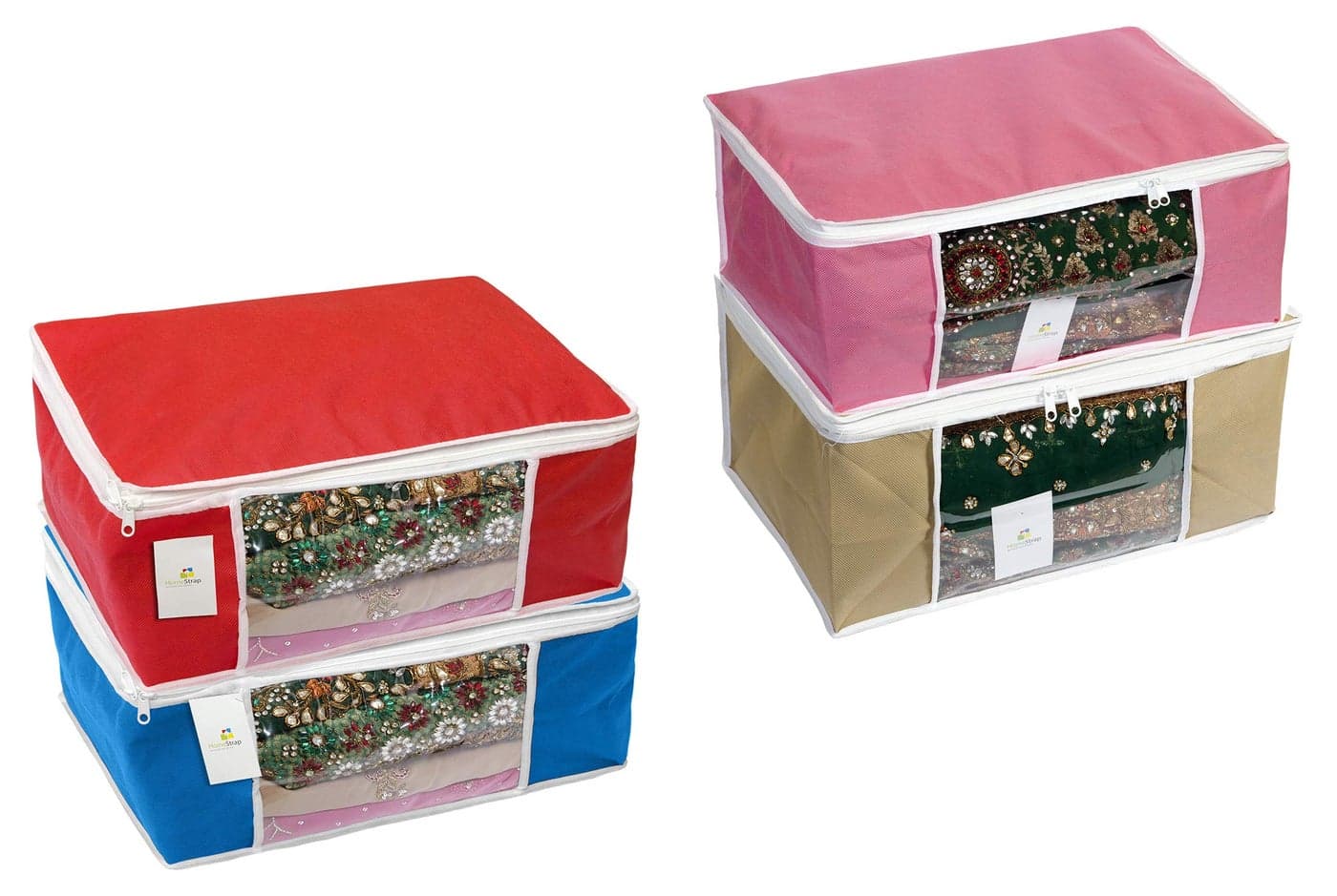 Homestrap Non Woven Storage Bag/Organiser/Saree Cover with Window - Red,Blue,Pink & Beige - set of 4
