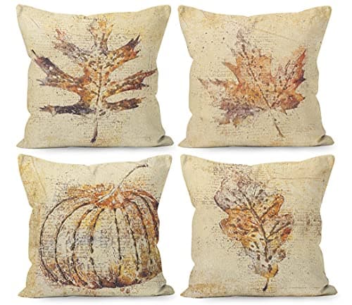 Liosei Fall Pillow Covers - 18x18, Rustic Maple Leaves Harvest Linen Throw Pillow Covers Set of 4, Farmhouse Autumn Thanksgiving Gifts for Home Room Bedroom