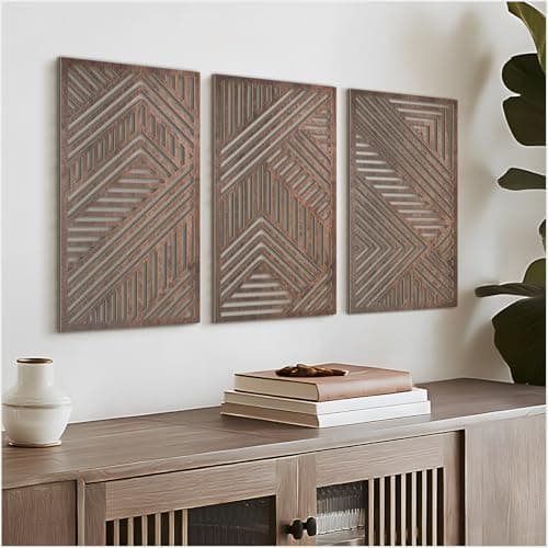 VIYYIEA Boho Solid Wood Carved Wall Art Set of 3, Geometric Minimalist Wooden Home Decor Panels, Handcrafted Solid Wood Wall Hanging for Living Room Bedroom Hallway, 16 x 8 Inch Each (Sunset Brown)