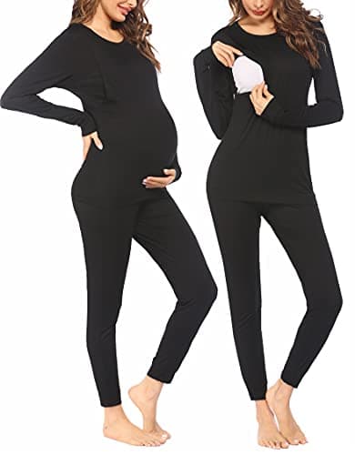 Ekouaer Nursing Pajama Set Long Sleeve Maternity Clothes Labor Pregnancy Pjs Breastfeeding Thermal Underwear Sleepwear Black L