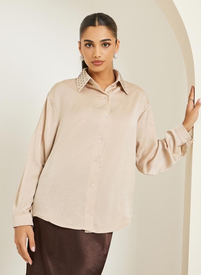Women Beige Satin Embellished Collar Shirt