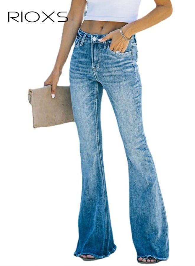 Women's Jeans, Flare Bell Bottom Denim Pants, High Waisted Wide Leg Bootcut Jeans, Stretchy Casual Denim Pants, Frayed Hemline Jeans with Pockets, Trendy Flare Denim Trousers, Ladies Jeans for Work Vacation and Daily Wear