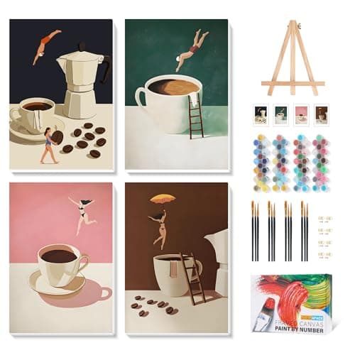 Camocin 4 Pack Framed Paint by Numbers Kit for Adults with Wooden Easel, Coffee Paint by Numbers with Frame for Beginner, Coffee Adult Paints by Number Kits on Canvas Framed 8 x 12 Inch