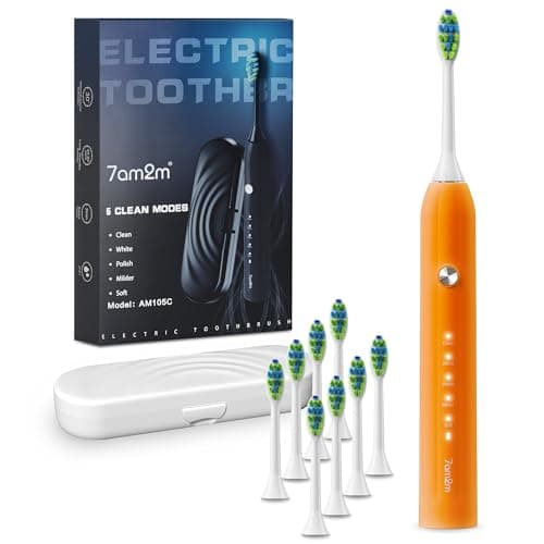 7AM2M Sonic Electric Toothbrush for Adults and Kids, with 8 Brush Heads and Travel Case,5 Modes with 2 Minutes Built in Smart Timer, One Charge Use for 90 Days, Rechargeable Toothbrushes (Orange)