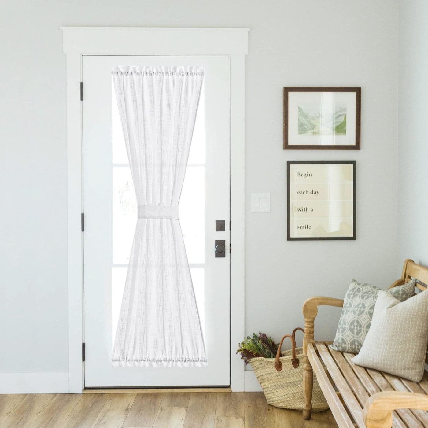 NICETOWN French Door Curtain Panel Linen Look Classroom Window Shade Sidelight Filtering 72 Inches White Sheer Curtains for Front Doors with Tieback 36 Inches Wide Sold in 1 PC