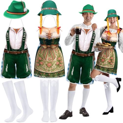 Croloose 6 Pcs Oktoberfest Costume Beer Festival Outfit Couples Apron Hat Socks Set German Bavarian Party Gifts(Green)