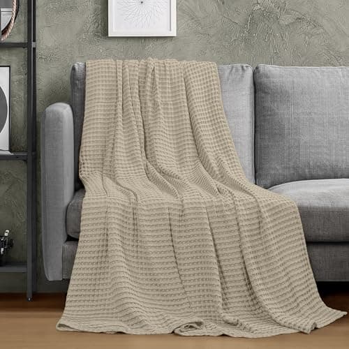 Utopia Bedding 100% Cotton Waffle Weave Blanket Throw Size for Couch Sofa - Lightweight, Breathable Summer Blankets Soft and Cozy, Gifts for Women Home Room Decor (Khaki, 56x60 Inch)
