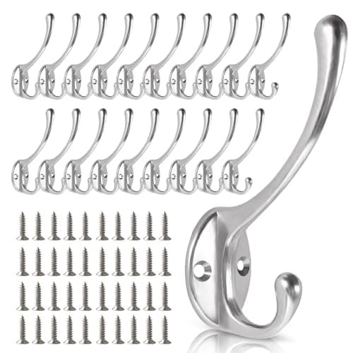 Wall Hooks for Hanging 20Pcs Heavy Duty Metal Coat Hooks for Living Room Bathroom Kitchen Bedroom for Coats Towel Hat Key Closet Bag Silver