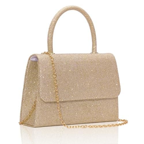 Larcenciel Women's Evening Handbags, Glitter Top Handle Evening Purse w/Chain, Ladies Sequins Shoulder Crossbody Bag, Chic Guest Clutch for Party Prom Wedding Cocktail Club Dating,Champagne