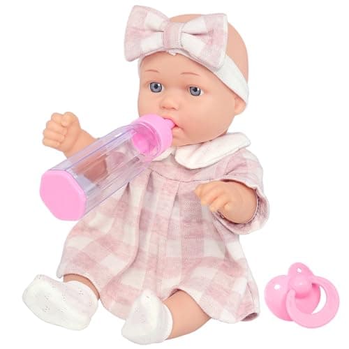 12 Baby Doll Classic Checkered Dress 6Piece Accessories Gift Box Packaged Soft Realistic Lifelike Baby Dolls for Toddlers Little Girls