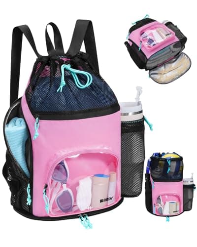 WANDF Swim Bag with Wet Pockets Sandproof Beach Backpack with 40oz Tumbler Side Pockets Mesh Drawstring Backpack Swim Bag for Swimming Pool Gym and Workout Gear Pink