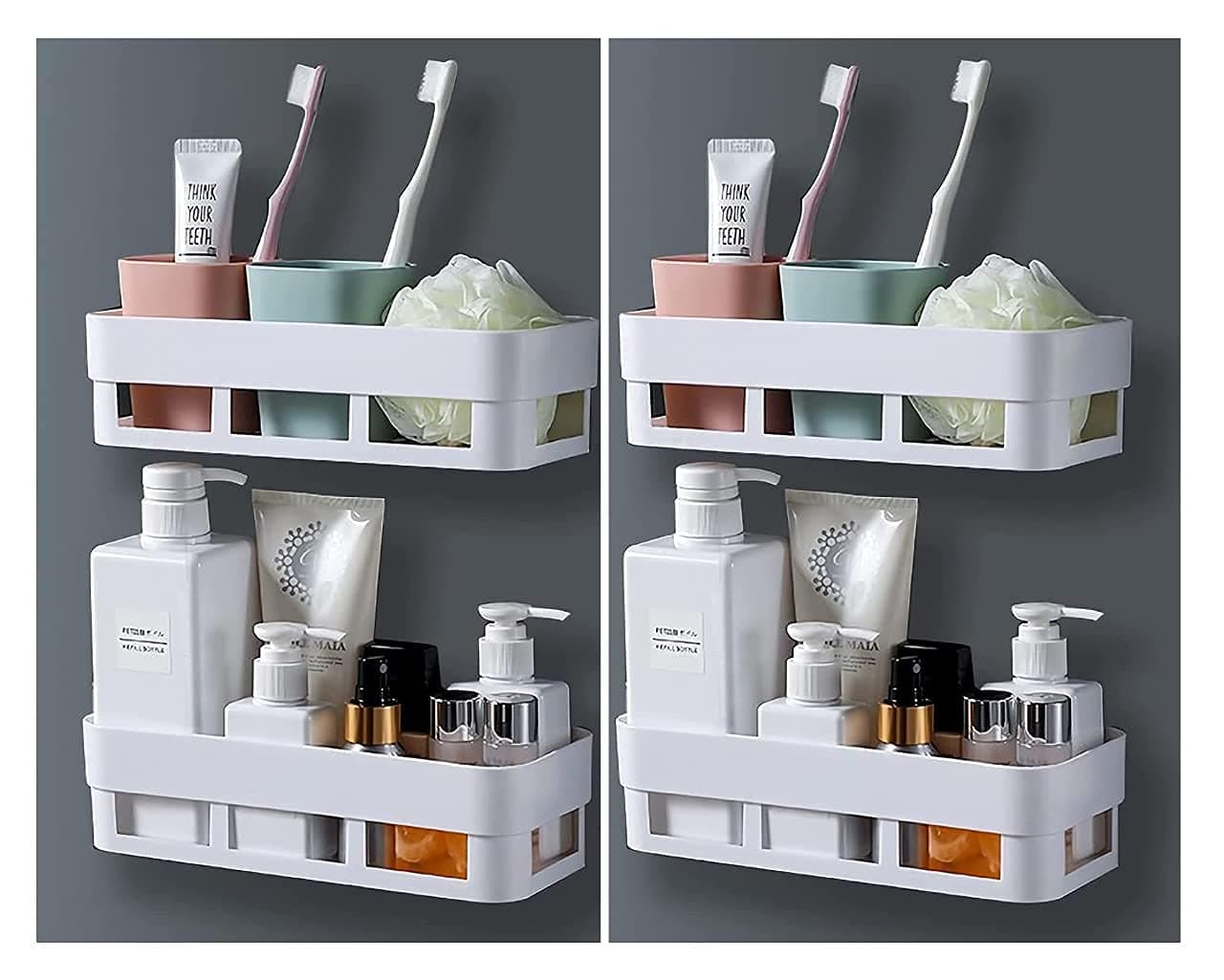 SHOPITECH 4 Pc Bathroom Set Round Corner Kitchen Bathroom Shelf SelfAdhesive Sticker Hooks Multipurpose Bathroom Storage Rack Box Strong Shower Rack Shelf