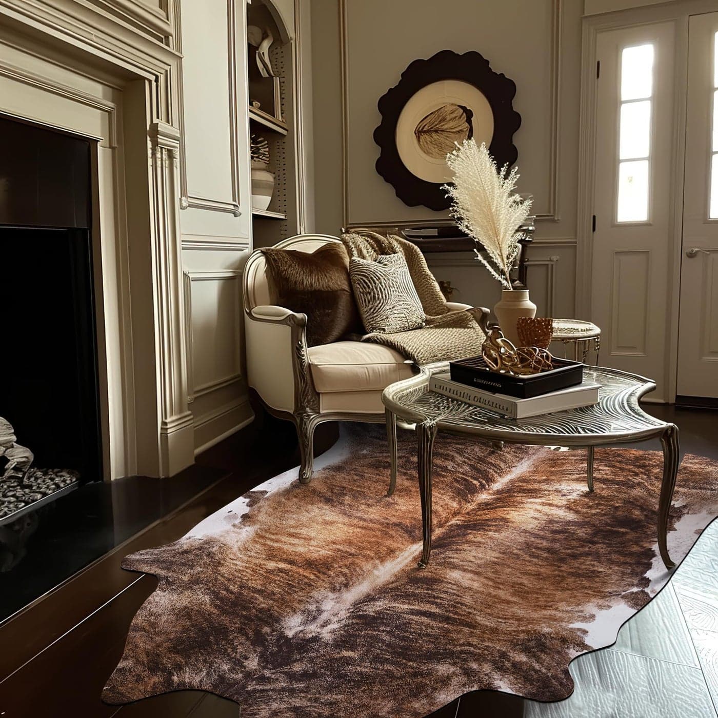 jinchan Faux Cowhide Rug Cow Print Living Room Area Rug Brown Floor Cover Cow Hide Brindle Animal Skin Alternative Indoor Carpet Bedroom Apartment Western Theme Safari Decor 5x7