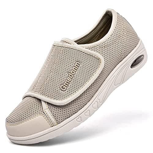 Gmedonm Women's Wide Shoes with Adjustable Lightweight for Diabetic Edema Plantar Fasciitis Bunions Arthritis Swollen Feet Air Cushion Bottom Fattening and Widening Elderly Shoes Beige