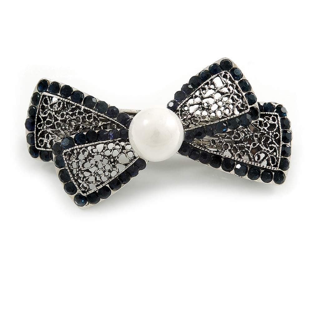 Small Vintage Inspired Filigree Midnight Blue Crystal Bow Barrette Hair Clip Grip In Aged Silver Finish 60mm Across