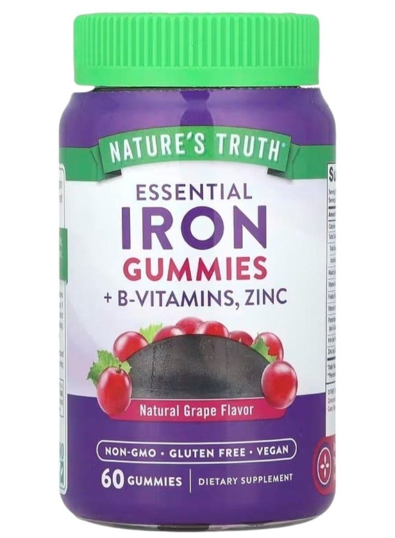 Essential Iron + B-Vitamins, Zinc, Natural Grape, 60 Gummies