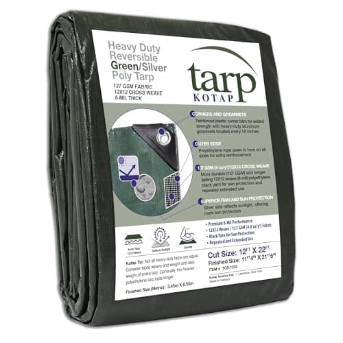 Kotap 12 x 22 Ft. Heavy-Duty Protection/Coverage Tarp, 8-mil, Reversible, Multi-Use, Waterproof, Green-Silver, (TGS-1222)