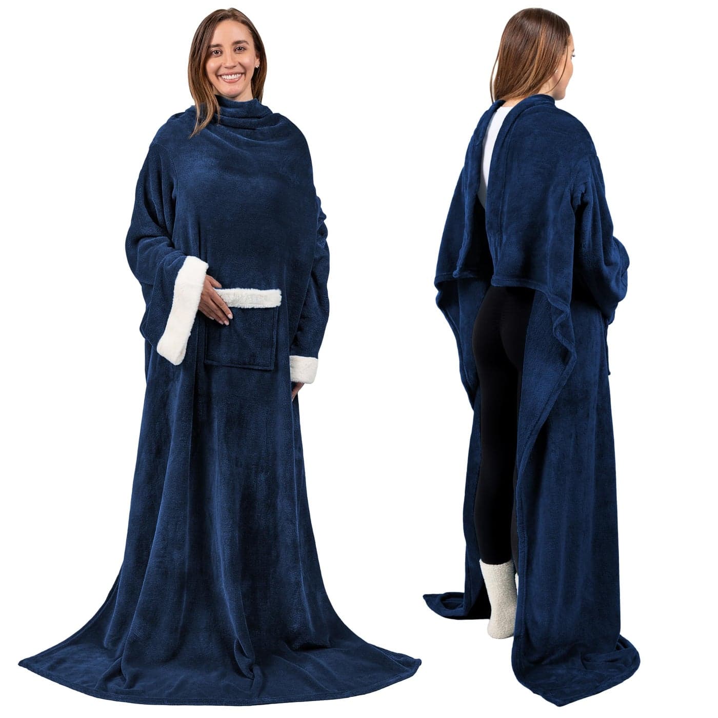 PAVILIA Fleece Blanket with Sleeves for Women Men Adults Wearable Blanket Warm Soft Plush Snuggle Pocket Sleeved TV Throw Wrap Cozy White Elephant Gifts Ideas for Mom Wife Navy Blue