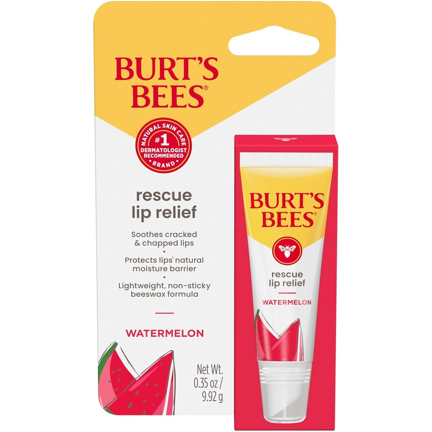 Burts Bees Rescue Lip Relief Watermelon Hydrating Lip Balm for Dry Cracked Lips with Responsbily Sourced Beeswax and Shea Butter 100 Natural Origin 1 Squeezy Tube 035oz