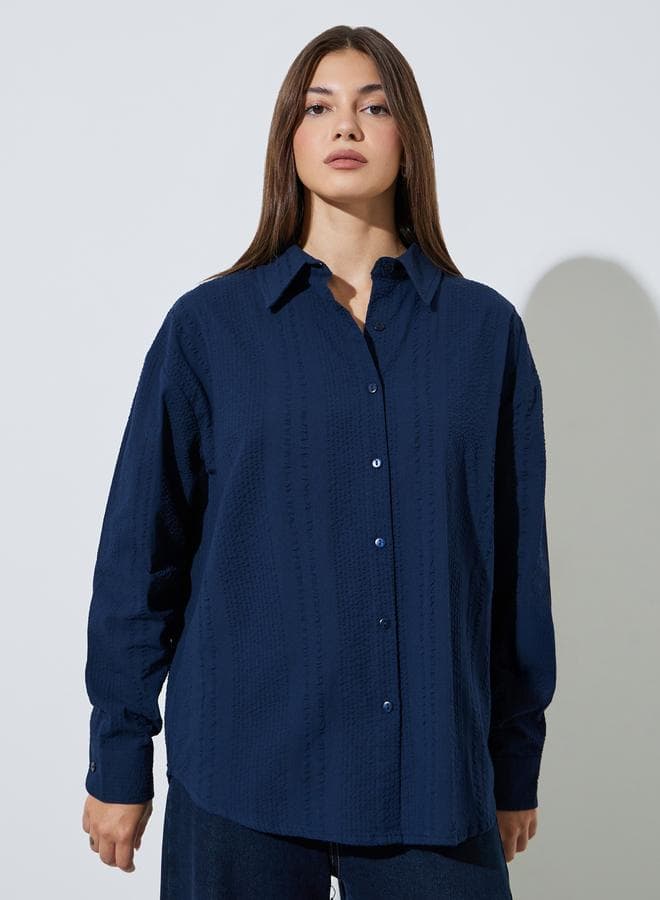 Blue Textured Cotton Oversized Shirt