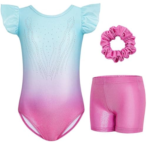 Gogokids Gymnastics Leotards for Girls, Toddler Ruffle Short Sleeve Dance Ballet Outfits Unitards Biketards with Shorts
