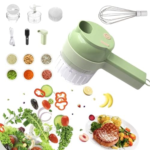 MOTPIUOC Multi-Functional Portable Wireless Vegetable Processor Electric 4-in-1 Vegetable Cutter Set, Easy to Charge, for Garlic, Chili, Celery, Meat, With Cleaning Brush, With Egg and Cream Whisk.