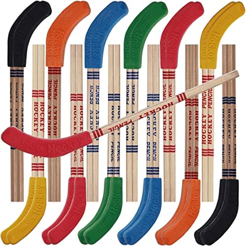 TIHOOD 24PCS Hockey Pencils and Erasers Bulk 9 Inch Hockey Stick Sports Theme Party Supplies Fun Cool Pencils for Hockey Fans Students Stocking Stuffers and Goodie Bag Birthday Party Favors