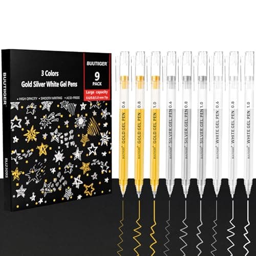 BUUTIIGER Gold Silver White Gel Pens 060810mm Fine Tips 9 Pack