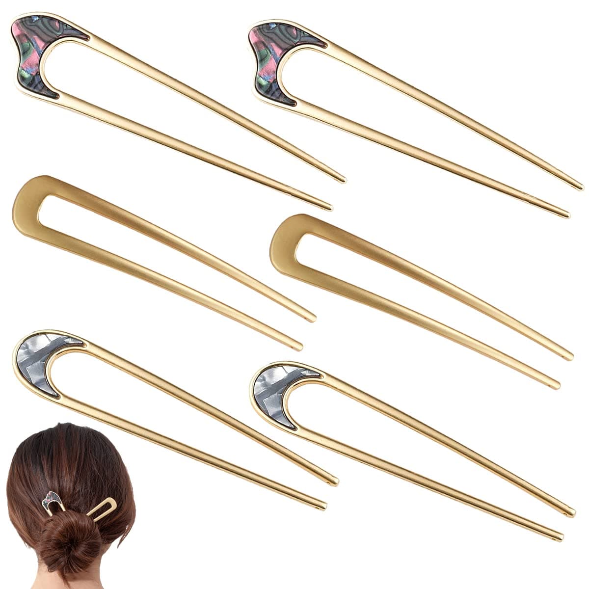 6 Pieces Metal U Shaped Hair Pins French Hairpin Vintage Forks Sticks Bobby Pin Kit for Updo Bun Women Girls Hairstyle Hair Accessories Gold
