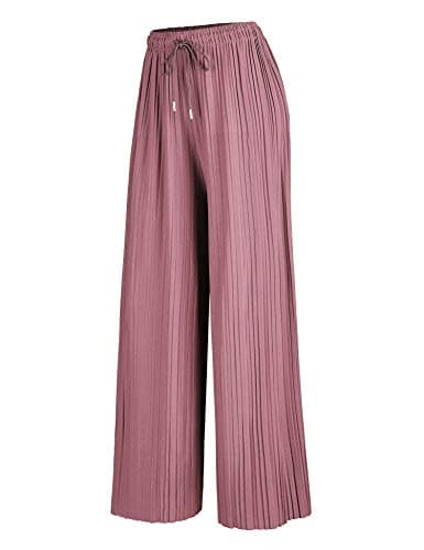 LL WB1485 Womens Casual High Waisted Pleated Palazzo Pants Trousers with Drawstring OS Mauve