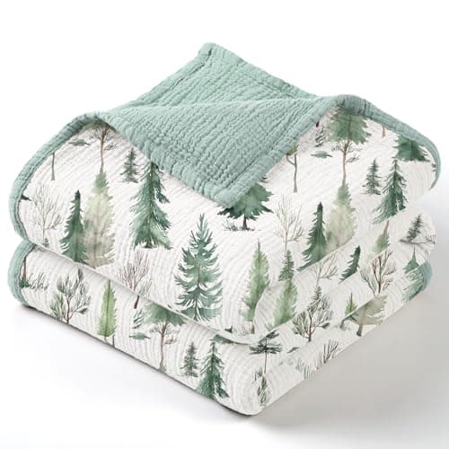 lulumoon Muslin Baby Blanket Neutral Lightweight Cotton Blanket with Woodland Ideal for Newborn to Toddler 47x47 Pine Forest