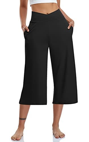 TARSE Womens Casual Wide Leg Yoga Capris Summer Crossover High Waist Capri Pants Loose Soft Pajama Pockets Sweatpants(Black,L)
