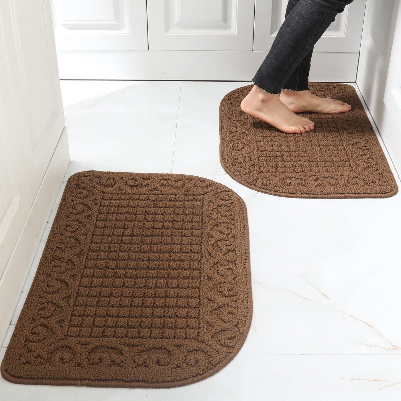 COSY HOMEER 32X20 Inch Anti Fatigue Kitchen Rug Mats are Made of 100 Polypropylene Half Round Rug Cushion Specialized in Anti Slippery and Machine WashableBrown2 pcs