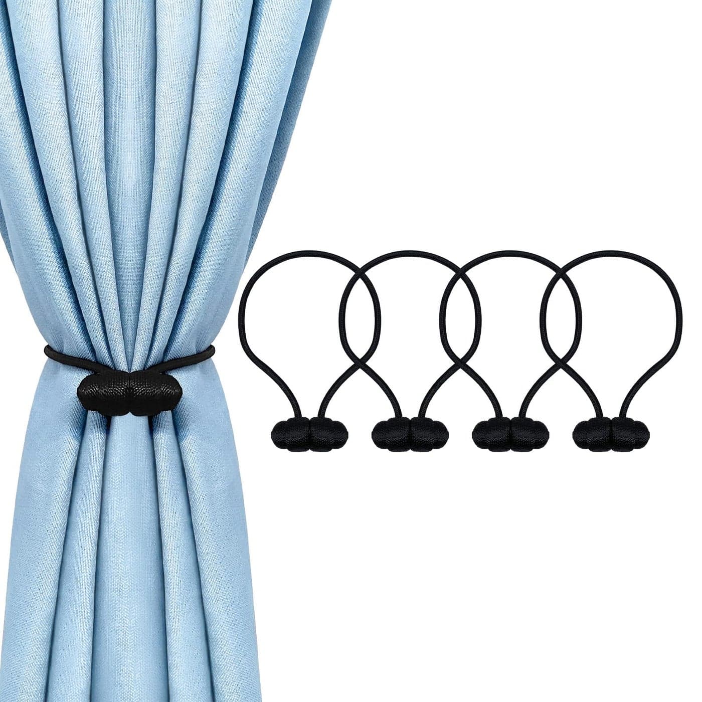 Tifanso Black Magnetic Curtain Tiebacks 4pcs Decorative Curtain Tie Backs No Drill Closure Drapery Tiebacks Holdbacks Boho Drapes Straps Ropes for Bedroom Bathroom Farmhouse Decor