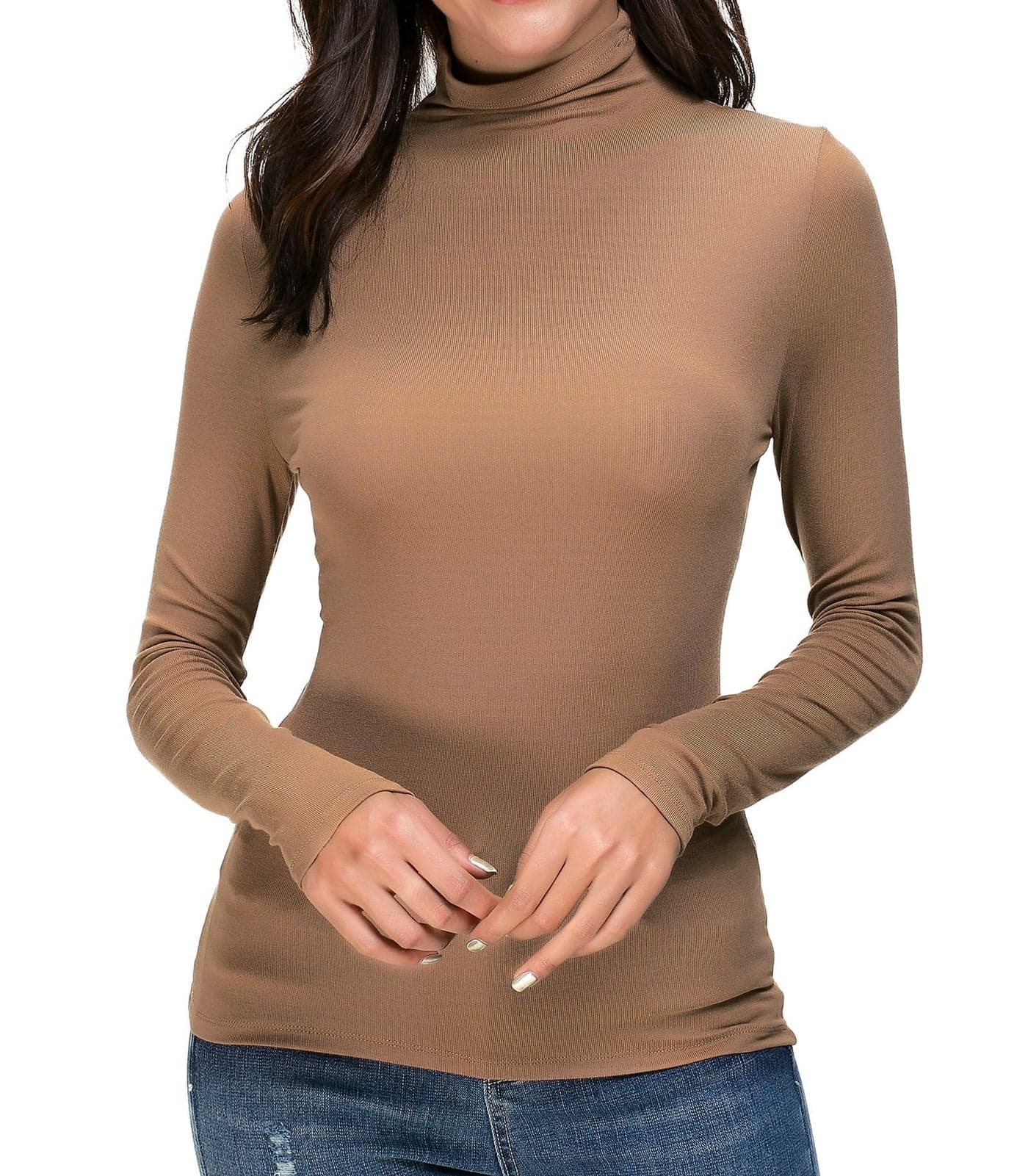 Womens Mock Turtleneck Long Sleeve Stretch Fitted Underscrubs Layer Tee Tops (S, Coffee)