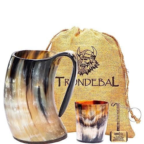Trondebal Viking Drinking Horn Mug, 15-20 Oz Natural Ox Horn Cup & Cofee Stein | Cool Unique Gift for Men and Women, Home Decor Accessories | Shot Glasses for Beer, Ale, Whiskey, Mead