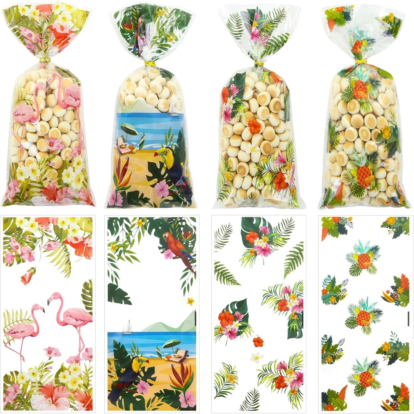 100Pcs Hawaiian Cellophane Treat Bags Summer Beach Tropical Aloha Party Favor Gift Bags Luau Palm Leaves Flamingo Pineapple Candy Goodie Bags with Twist Ties for Hawaiian Birthday Wedding Party Decor