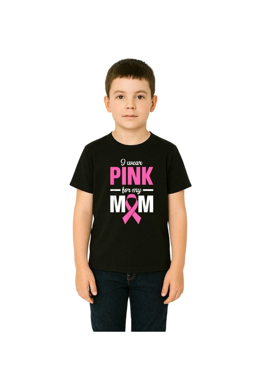BreastCancer Awareness Kids T-Shirt For Boys–Black Cotton Tee With Pink Ribbon Print–“I Wear Pink For My Mom” Theme–Round Neck,Short Sleeve–Perfect For School Days,Events&EveryDay Wear