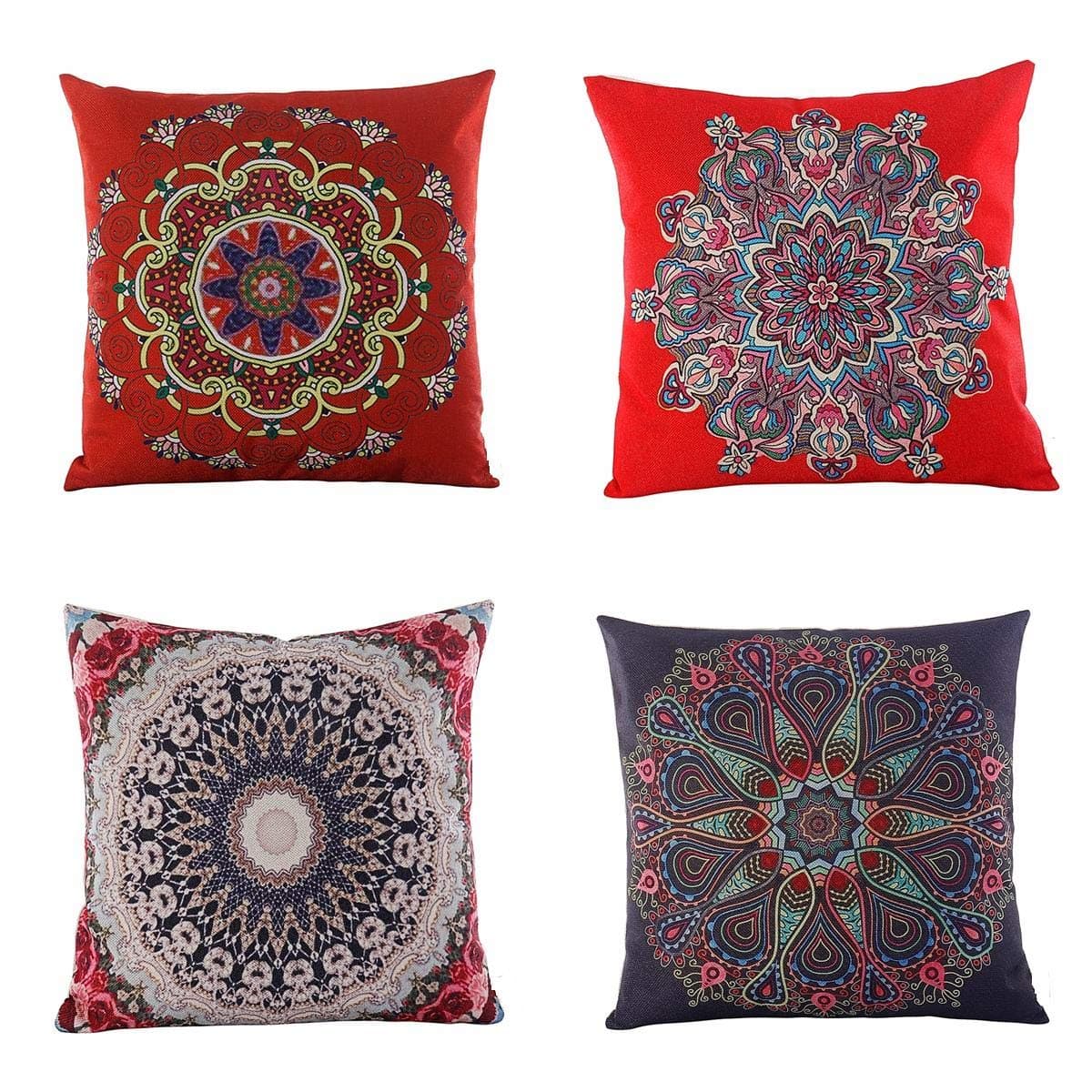 Jartinle Set of 4 Retro Red Floral Mandala Compass Medallion Bohemian Pillow Covers Boho Decor Hippie Ethnic Throw Pillows Decorative for Sofa Couch 18 x 18