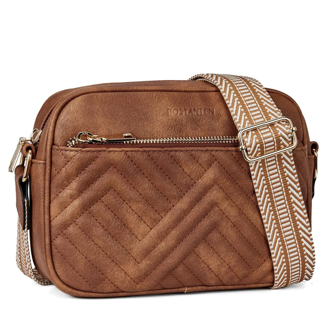 BOSTANTEN Quilted Crossbody Bags for Women Vegan Leather Purses Small Shoulder Handbags with Wide Strap Brown