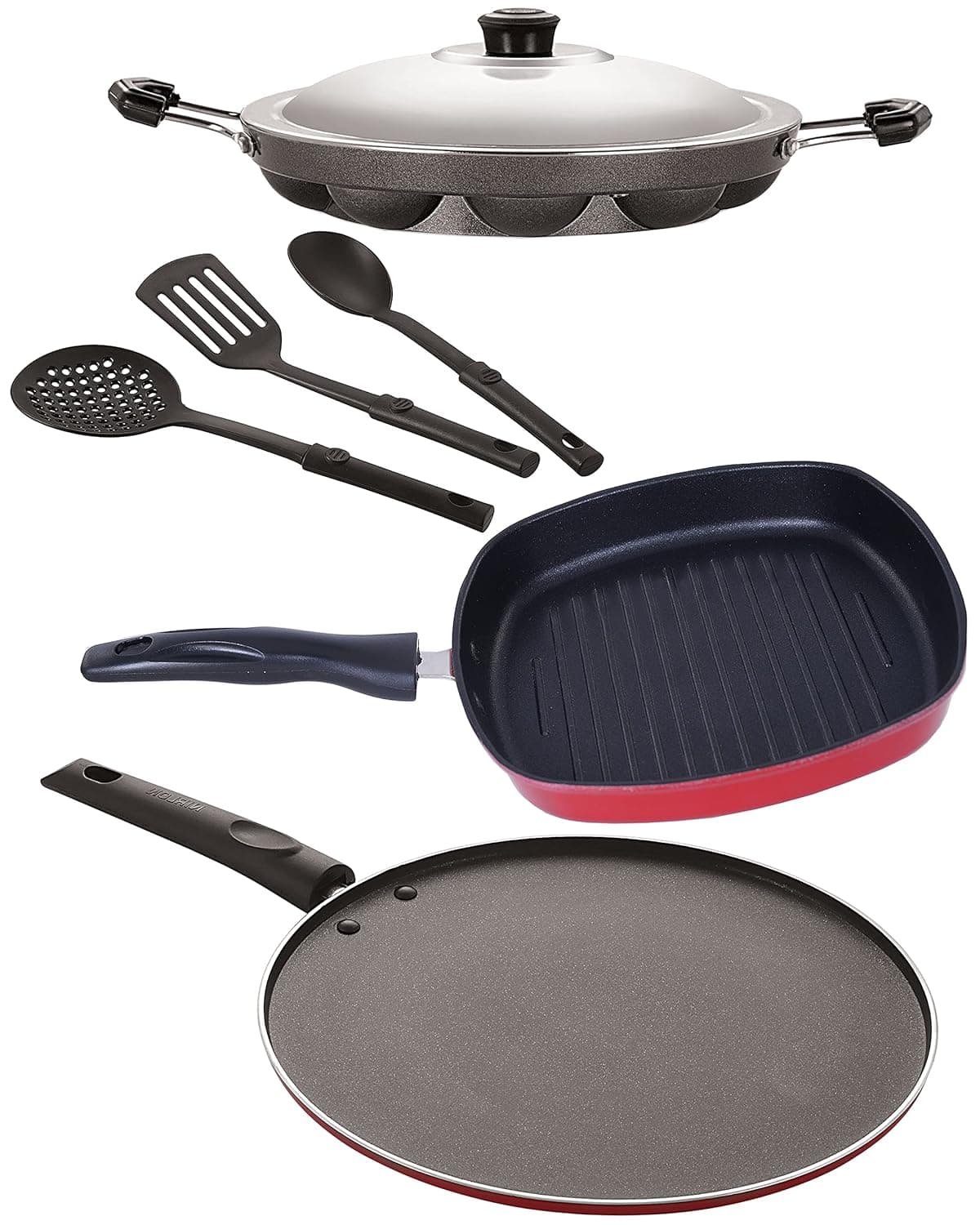 Nirlon Aluminium Nonstick Coated 6 Pcs Set of Appam-12 Cavity,Grill Pan-24.5cm,Smart Tawa-26.5cm & 3 Spoon (2.6mm_AP(12)_GP(24)_ST11_3SPN)