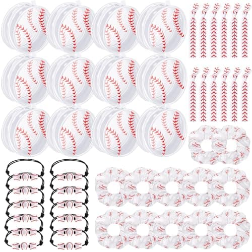 Baderke 48 Pcs Baseball Gifts for Team Party Favors Baseball Goodie Bag Include 4 Mini Cosmetics Makeup Bag Hair Scrunchies Satin Ties Bracelet for Girl Woman Player Teams Gifts White