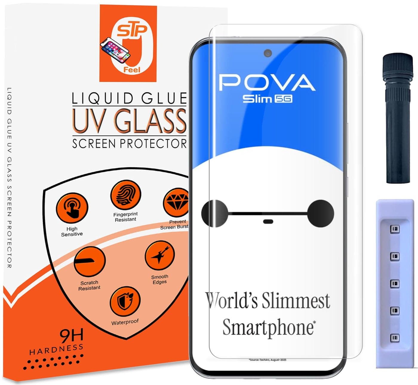STP FEEL® Advanced UV Tempered Glass Screen Protector Guard Compatible For Tecno Pova Slim 5G (6.78 Inch, Pack of 1) Full Adhesive UV Curved Case Friendly HD Clarity with easy installation kit