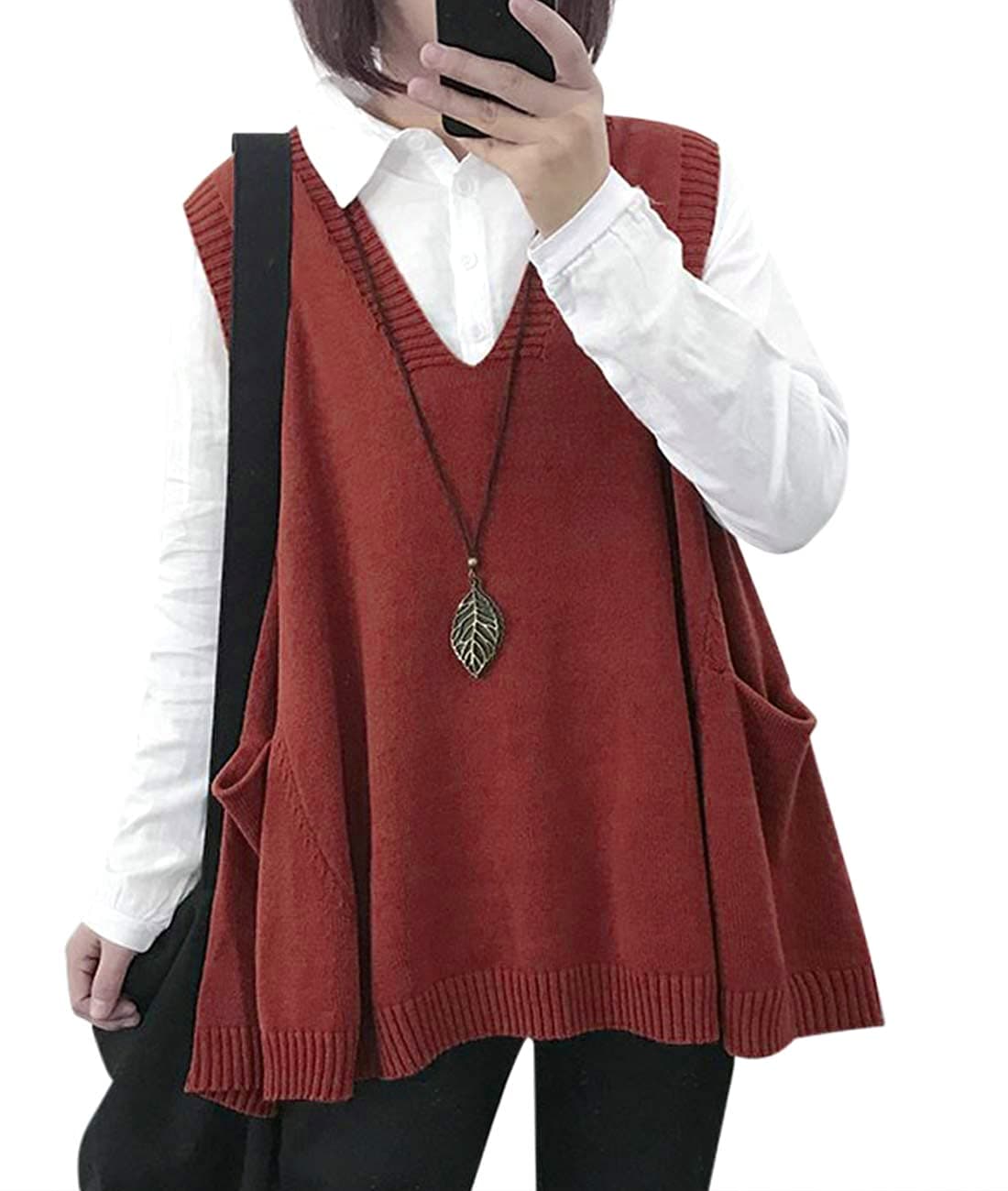 YESNO Sweater Vest Women Loose Swing Cotton Cute Oversized Knit Pullover Sleeveless Sweater Tops with Drop Pockets L WM9 Rust