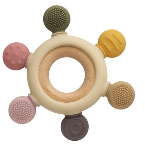 Silicone & Wooden Baby Teether for 3+ Months, BPA-Free Soft Teething Toy for Infants, Multi-Texture Gum Soothing Teether with Easy Round Grip, Safe & Natural Teething Relief for Babies
