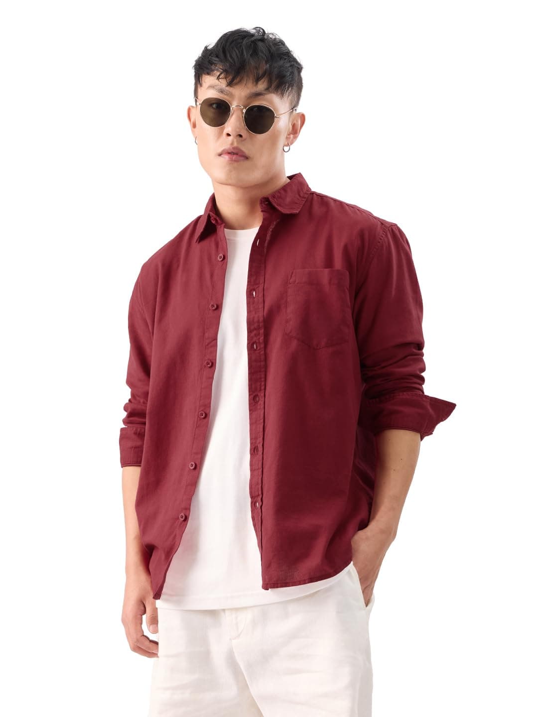 The Souled Store Maroon Mens and Boys Long Sleeves Collared Neck Button Front Oversized Fit Cotton Linen Shirt