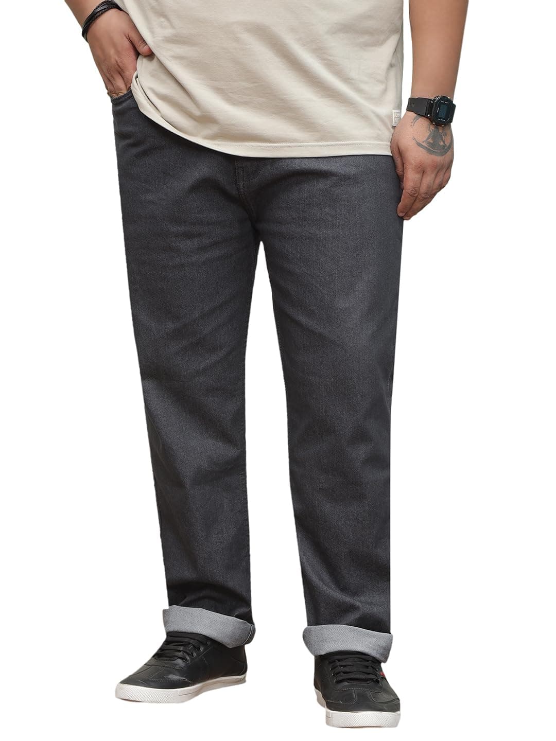 JOHN PRIDE Plus Size Men's Stretchable Mid-Rise Comfort Fit Clean Look Cotton Jeans for Men Grey